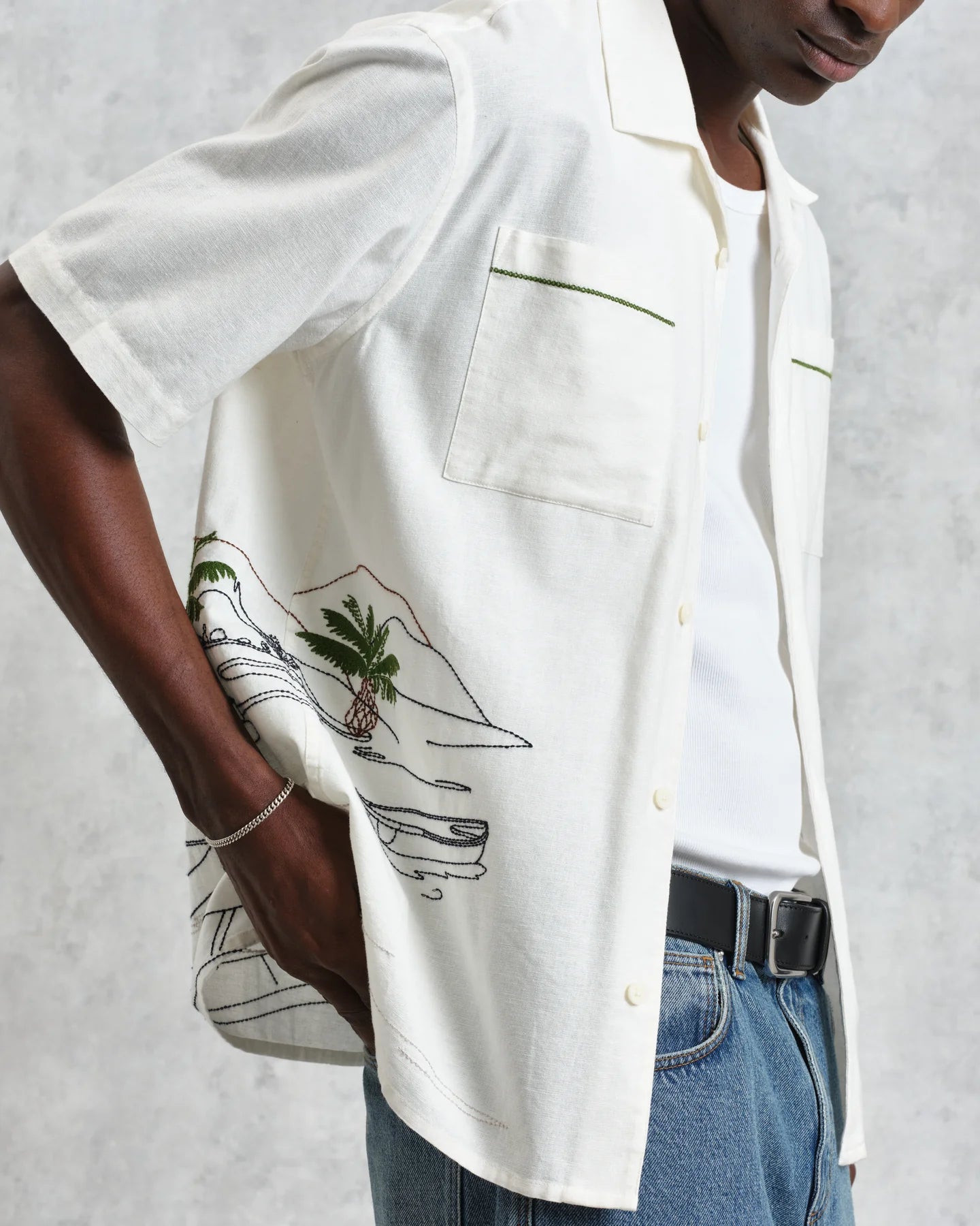 WAX London, Didcot Embroidered Short-Sleeve Shirt, Ecru And Multicolour