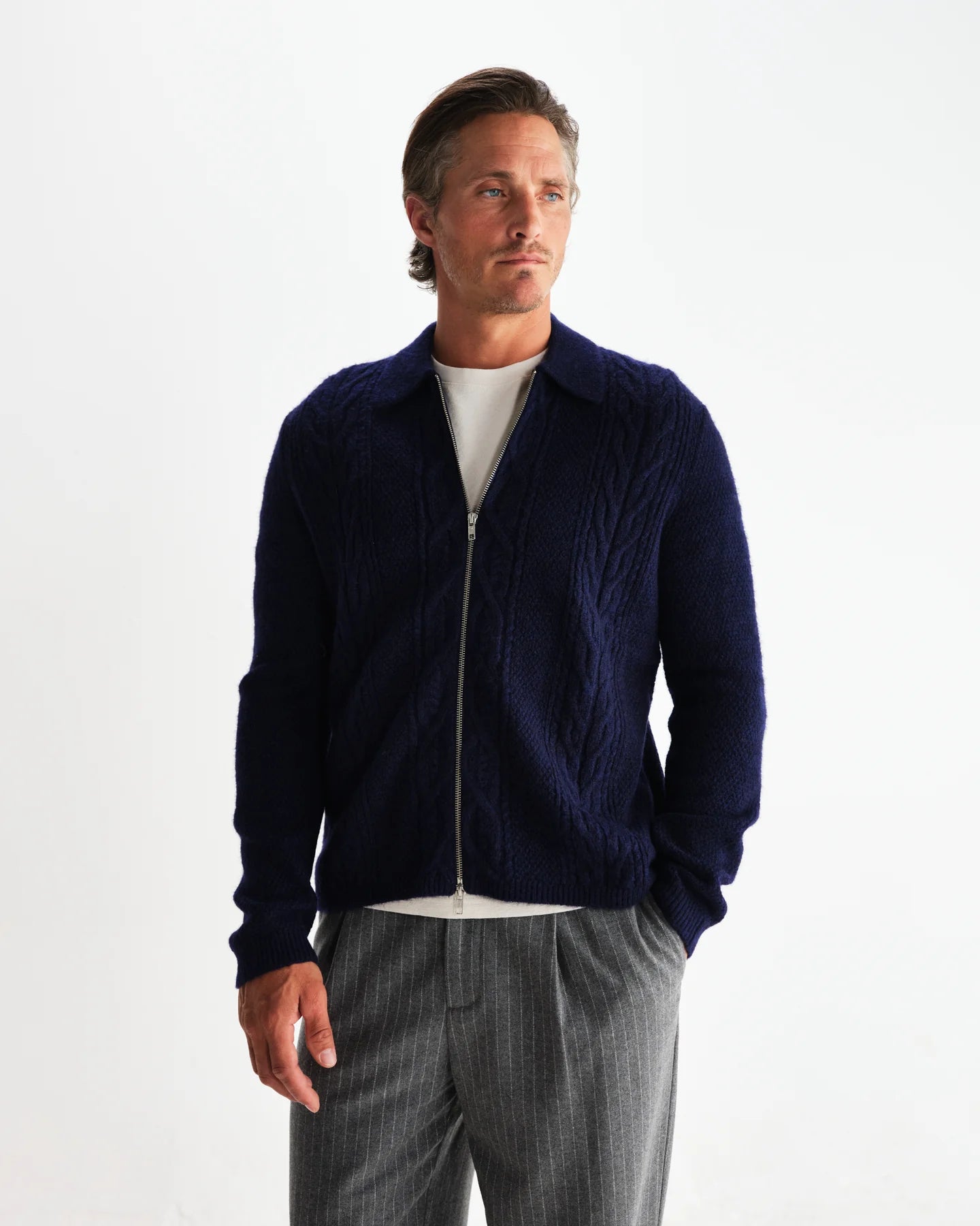 WAX London, Friar Brush Cable Knit Zip Cardigan, Navy
