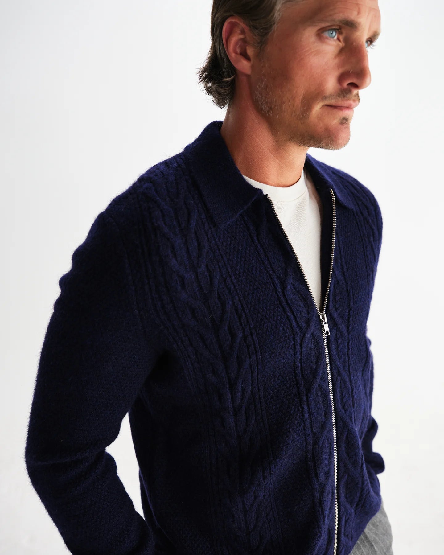 WAX London, Friar Brush Cable Knit Zip Cardigan, Navy