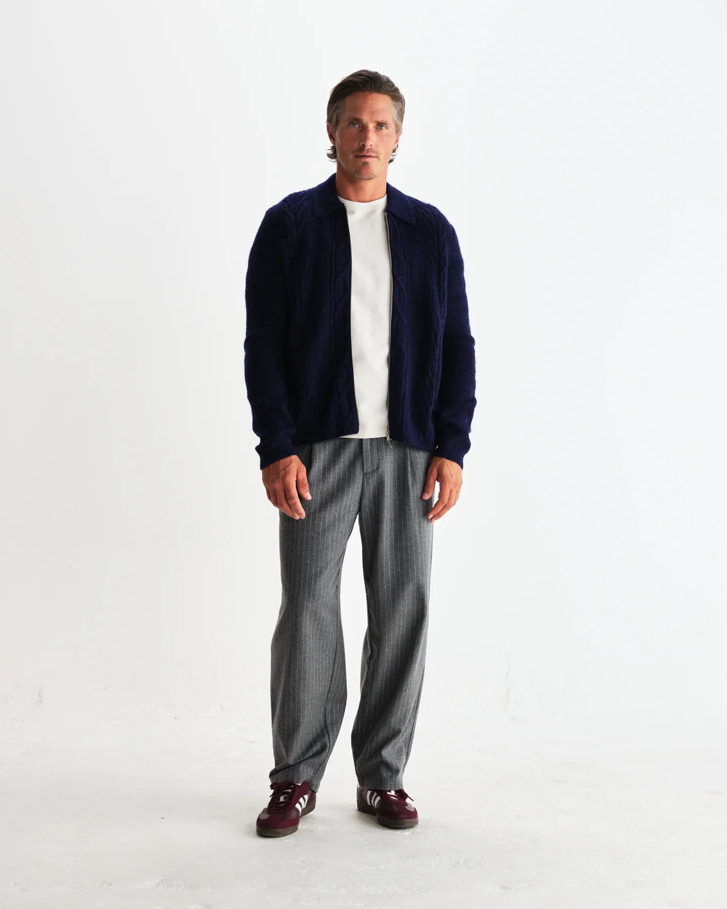 WAX London, Friar Brush Cable Knit Zip Cardigan, Navy
