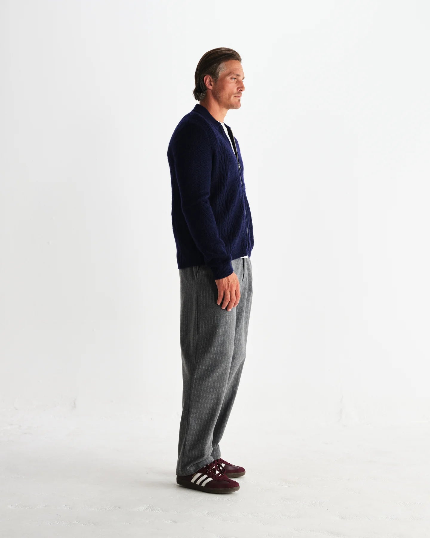 WAX London, Friar Brush Cable Knit Zip Cardigan, Navy