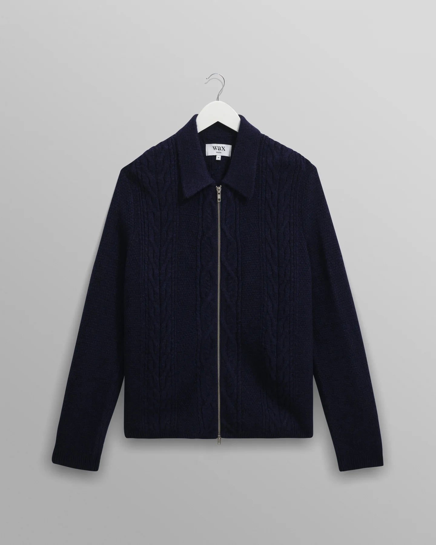 WAX London, Friar Brush Cable Knit Zip Cardigan, Navy