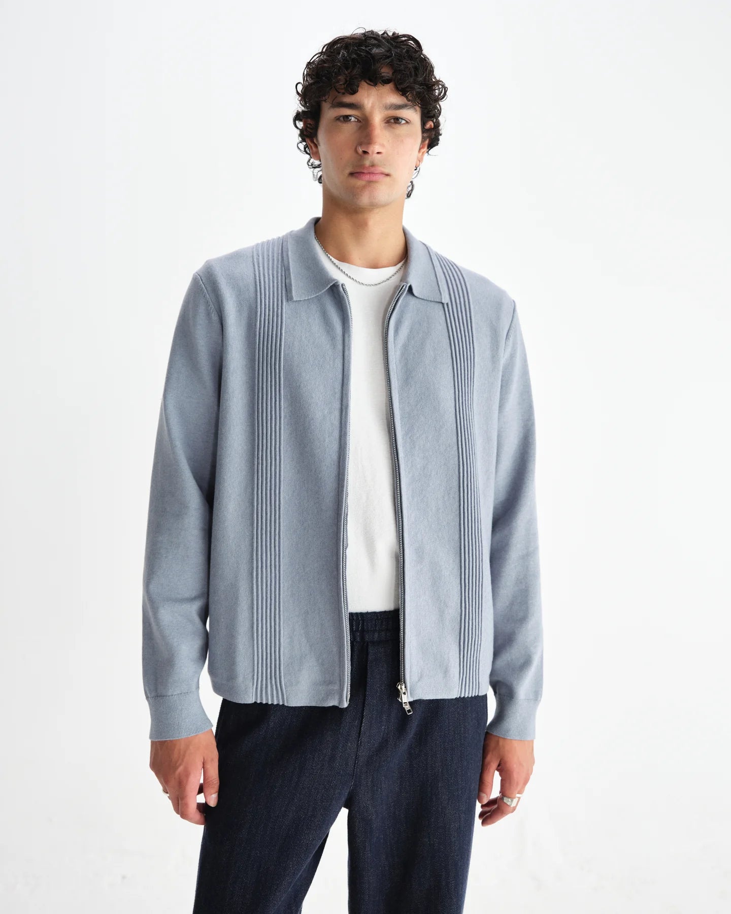WAX London, Lennox Milano Stripe Knitted Polo, Grey Blue