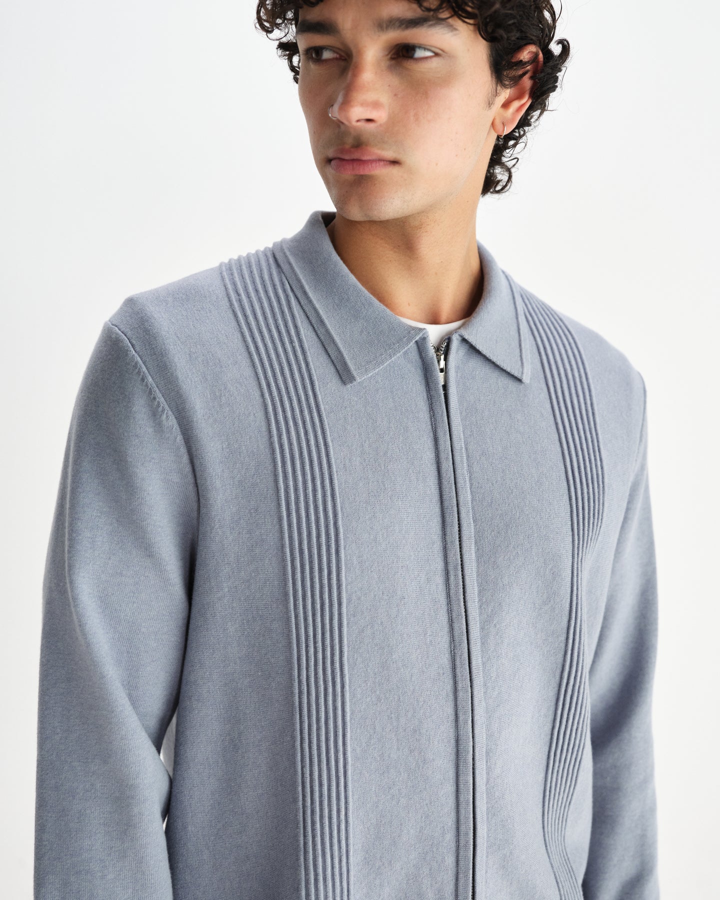 WAX London, Lennox Milano Stripe Knitted Polo, Grey Blue