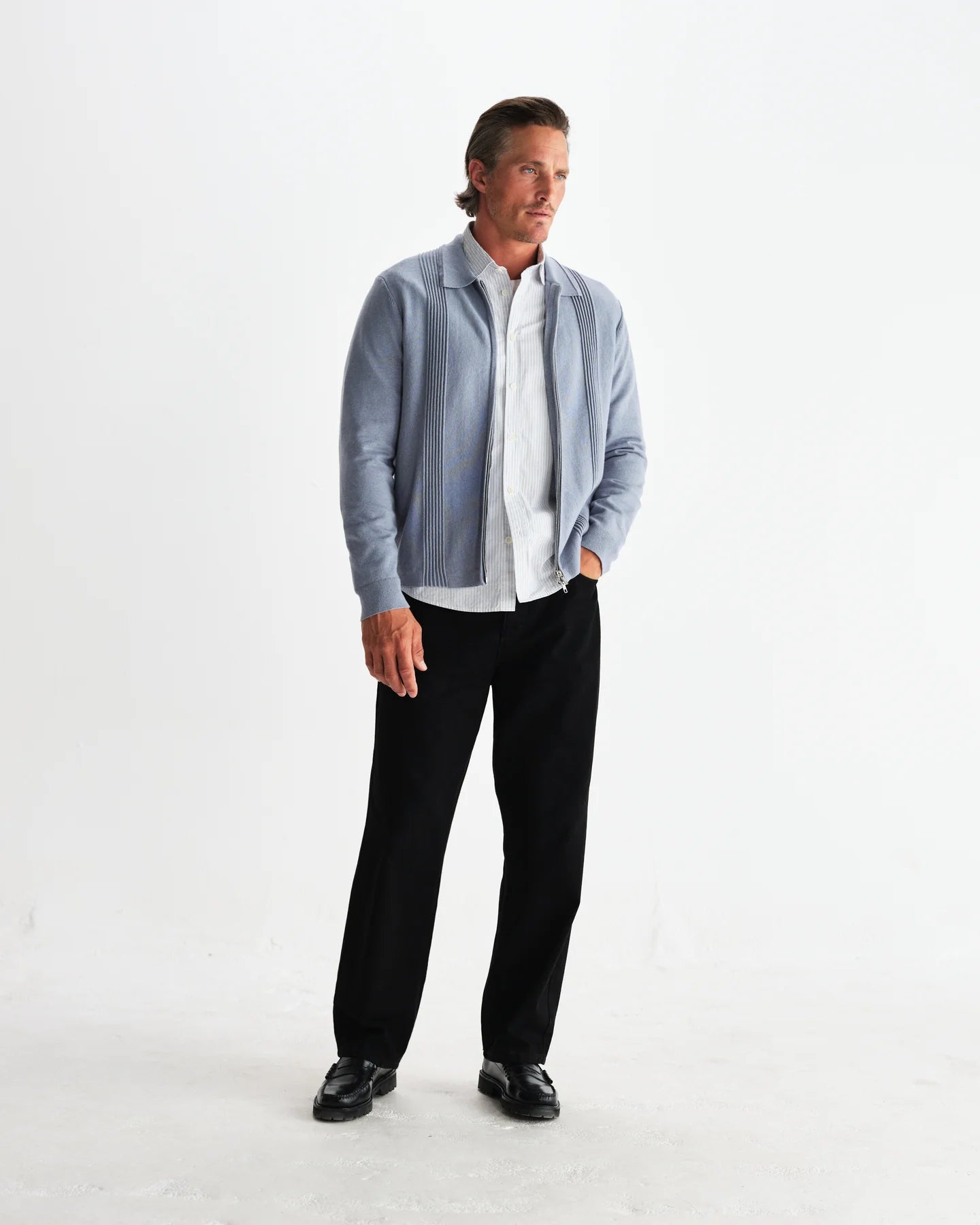 WAX London, Lennox Milano Stripe Knitted Polo, Grey Blue
