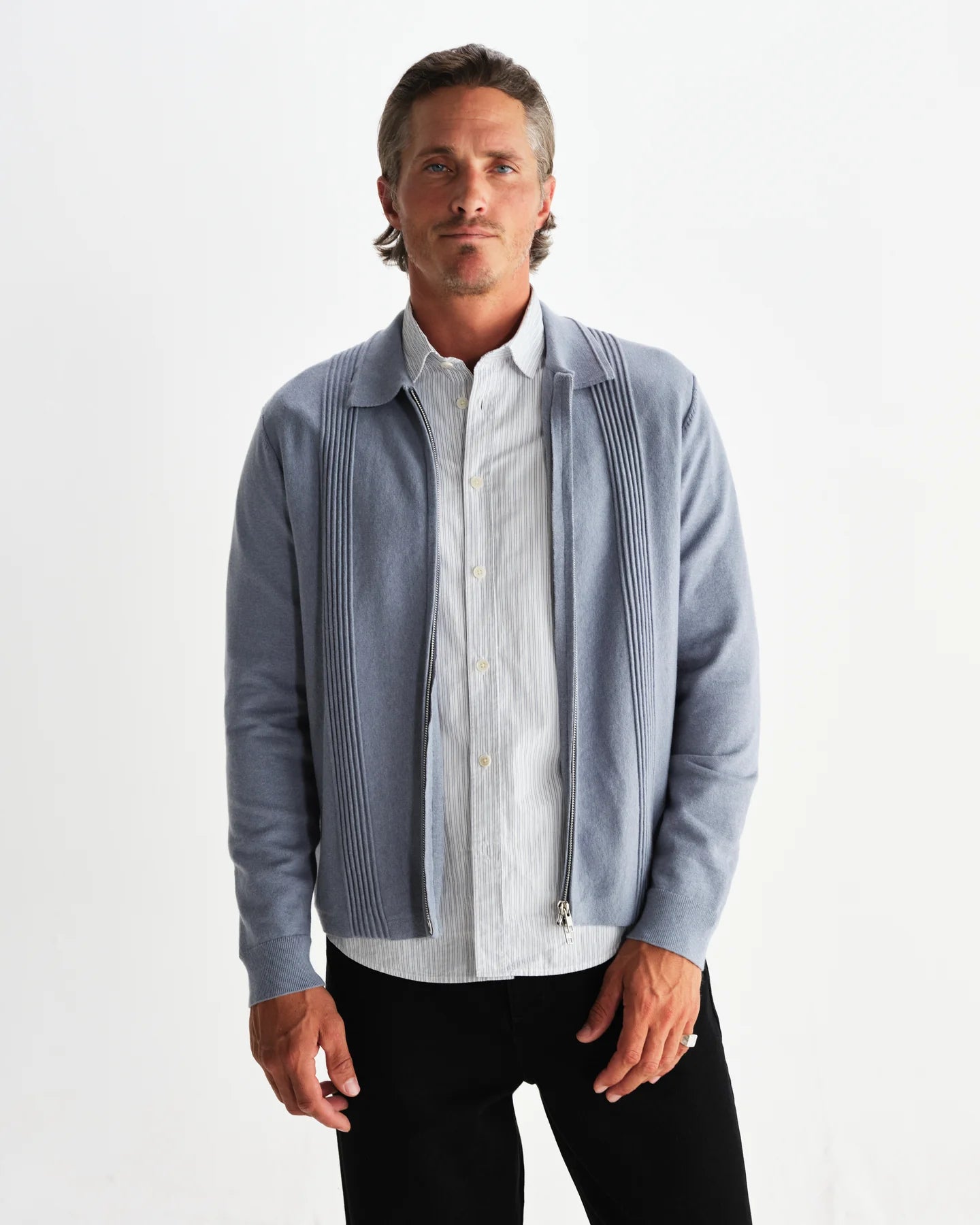 WAX London, Lennox Milano Stripe Knitted Polo, Grey Blue