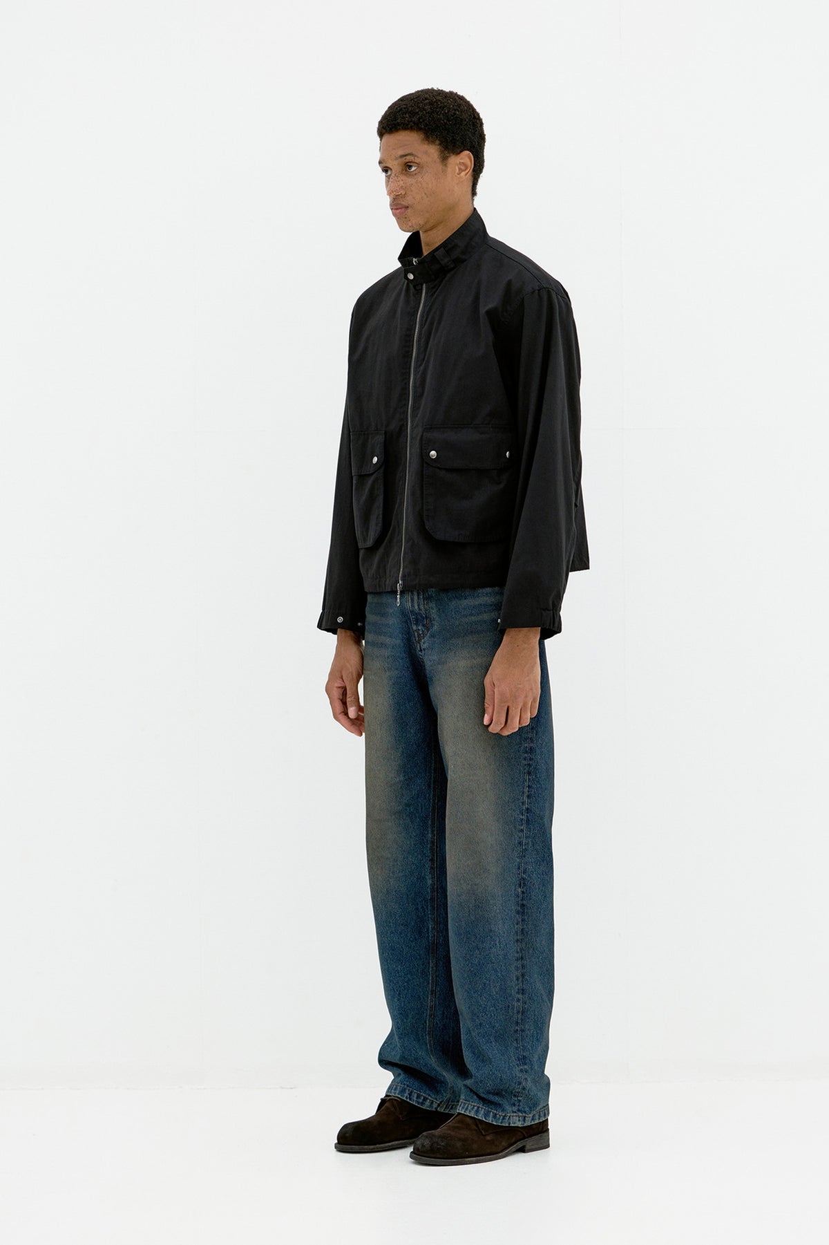 COOR, Stand collar cotton washed jumper, Washed black