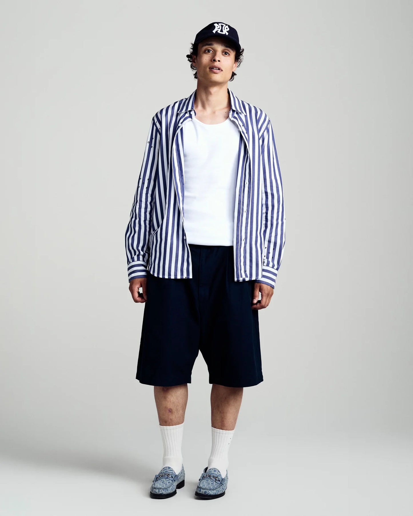Pop Trading, POP LOGOS STRIPE SHIRT EARTH, NAVY/WHITE