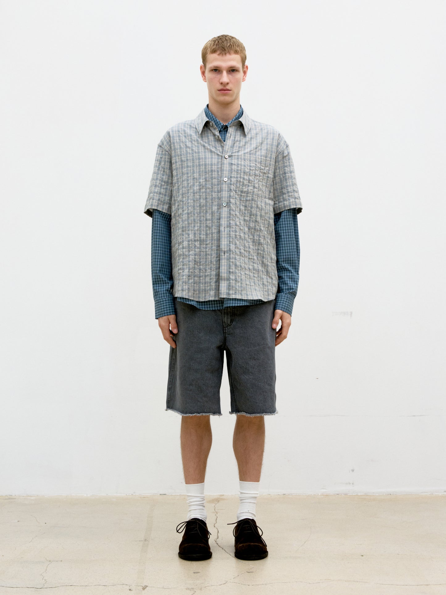 COOR, Alternative Wrinkle Check Half Shirt, Washed Khaki Begie