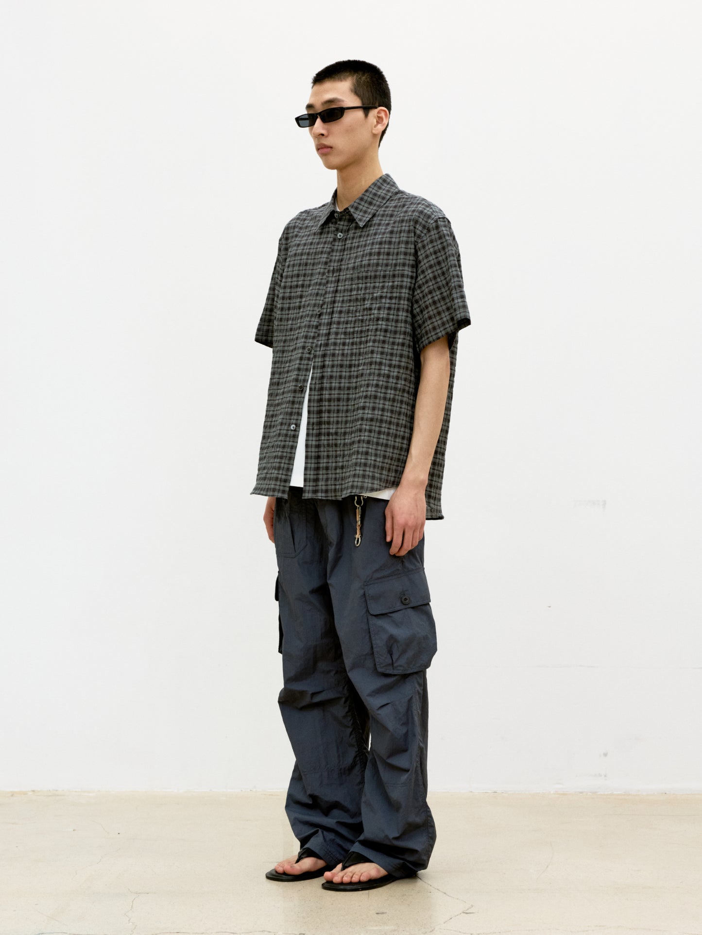 COOR, Alternative Wrinkle Check Half Shirt, Washed Black
