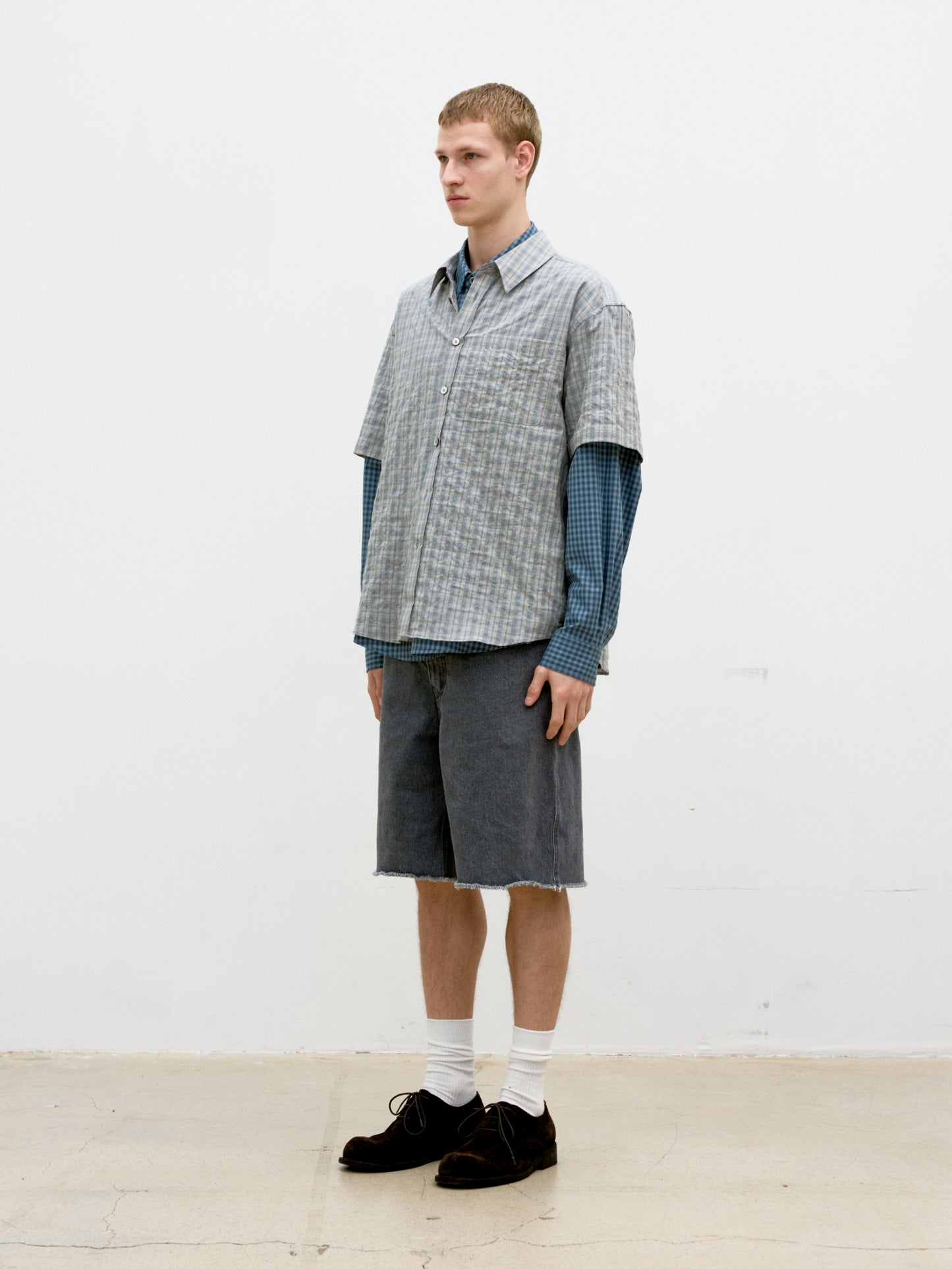 COOR, Alternative Wrinkle Check Half Shirt, Washed Khaki Begie