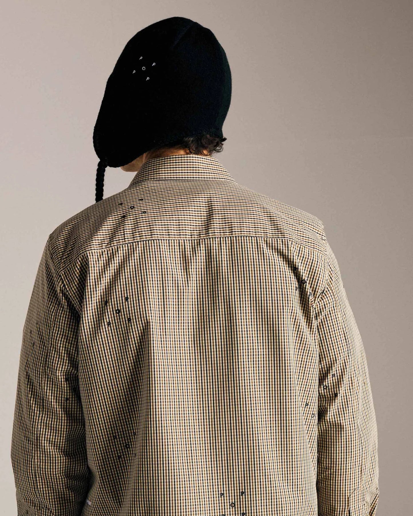 POP Trading Company, POP CHECKED ALLOVER LOGO SHIRT, NAVY/DELICIOSO