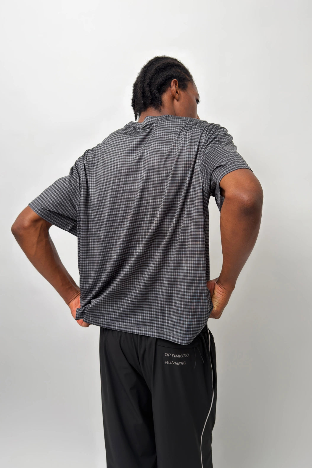 Optimistic Runners, Plaid T-shirt, Black