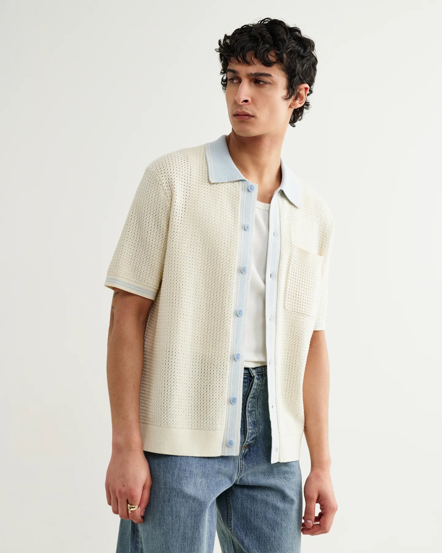 WAX London, Belle Polo Shirt, Ecru Blue Tipped Pointelle