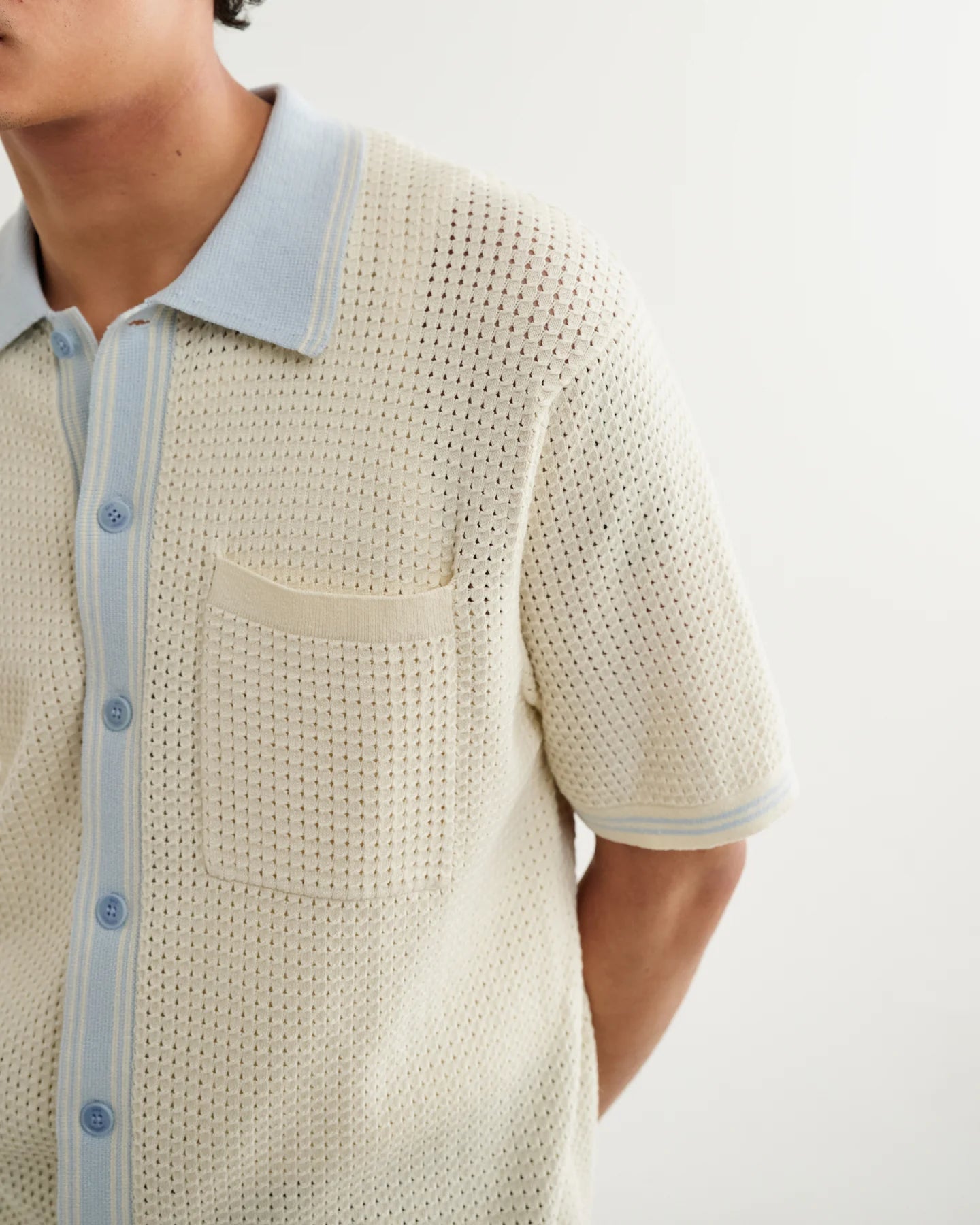 WAX London, Belle Polo Shirt, Ecru Blue Tipped Pointelle