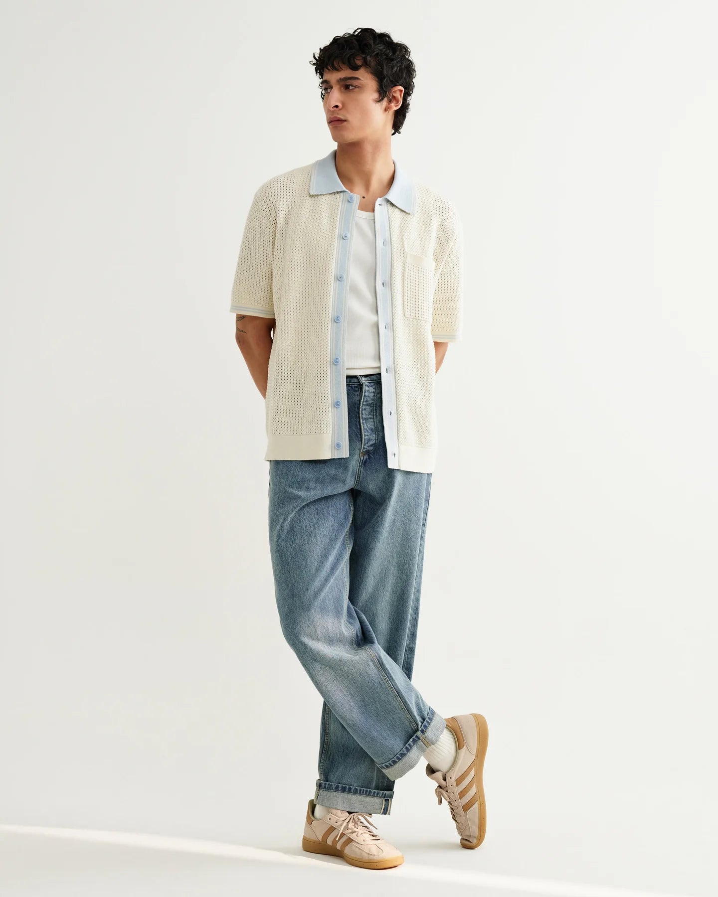 WAX London, Belle Polo Shirt, Ecru Blue Tipped Pointelle