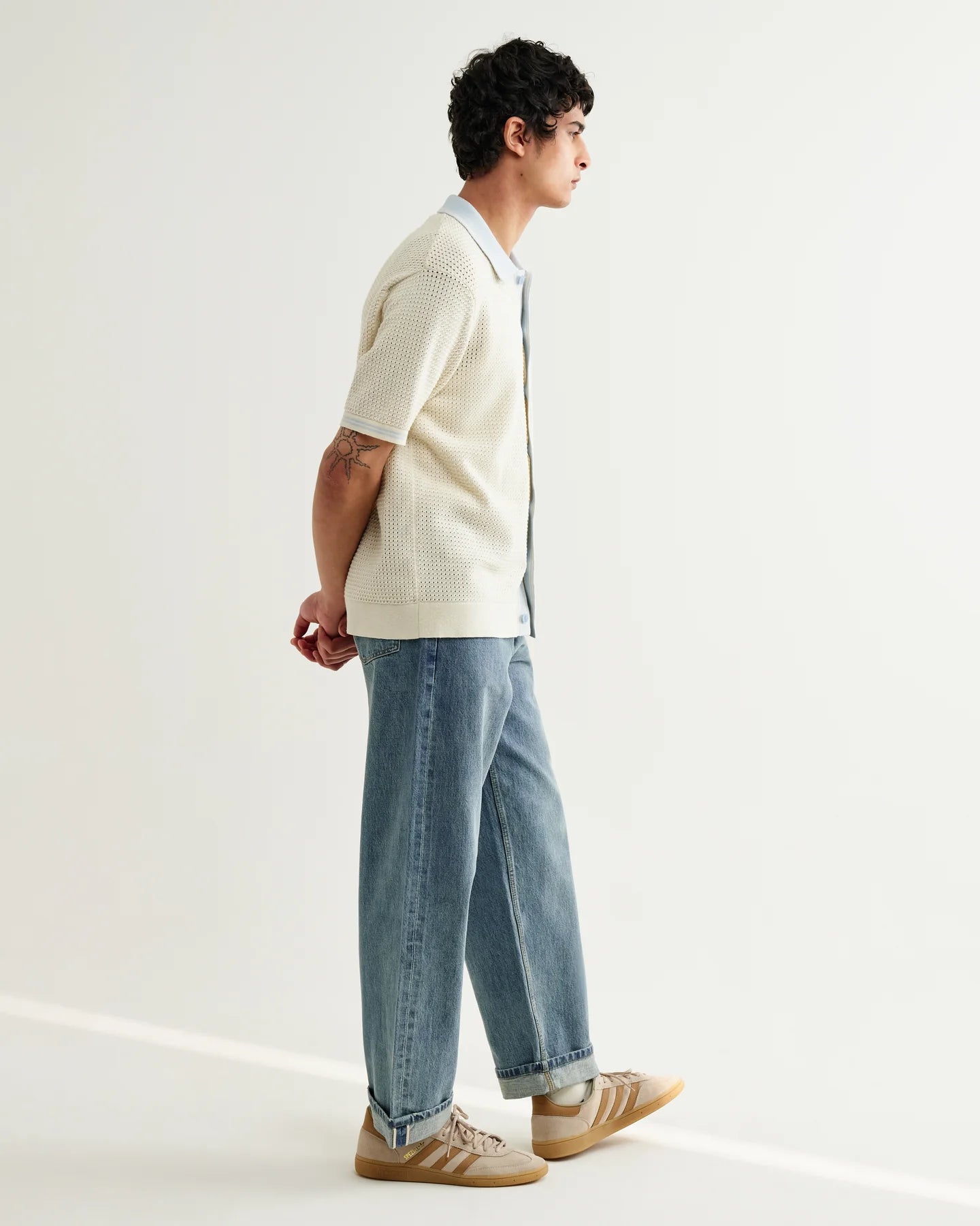 WAX London, Belle Polo Shirt, Ecru Blue Tipped Pointelle