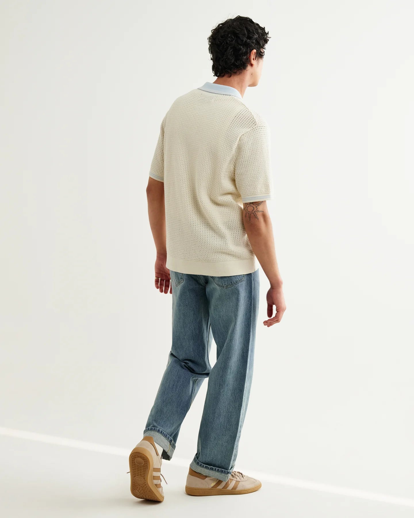 WAX London, Belle Polo Shirt, Ecru Blue Tipped Pointelle