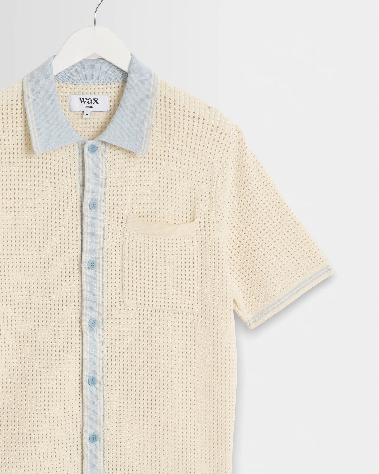 WAX London, Belle Polo Shirt, Ecru Blue Tipped Pointelle