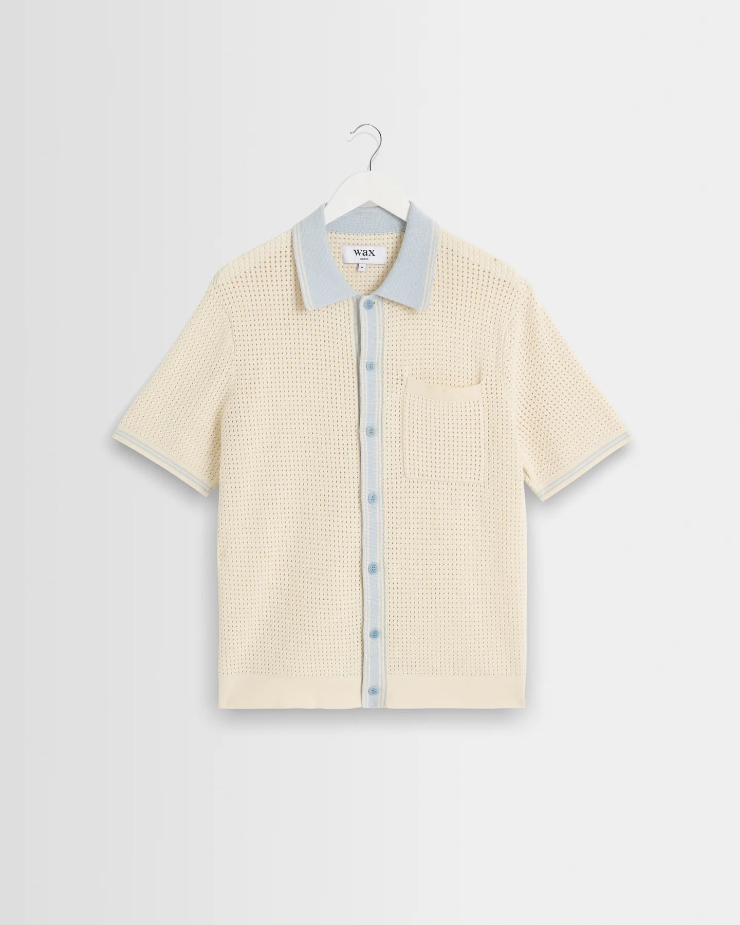 WAX London, Belle Polo Shirt, Ecru Blue Tipped Pointelle