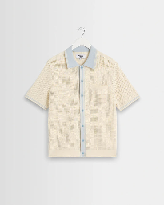WAX London, Belle Polo Shirt, Ecru Blue Tipped Pointelle