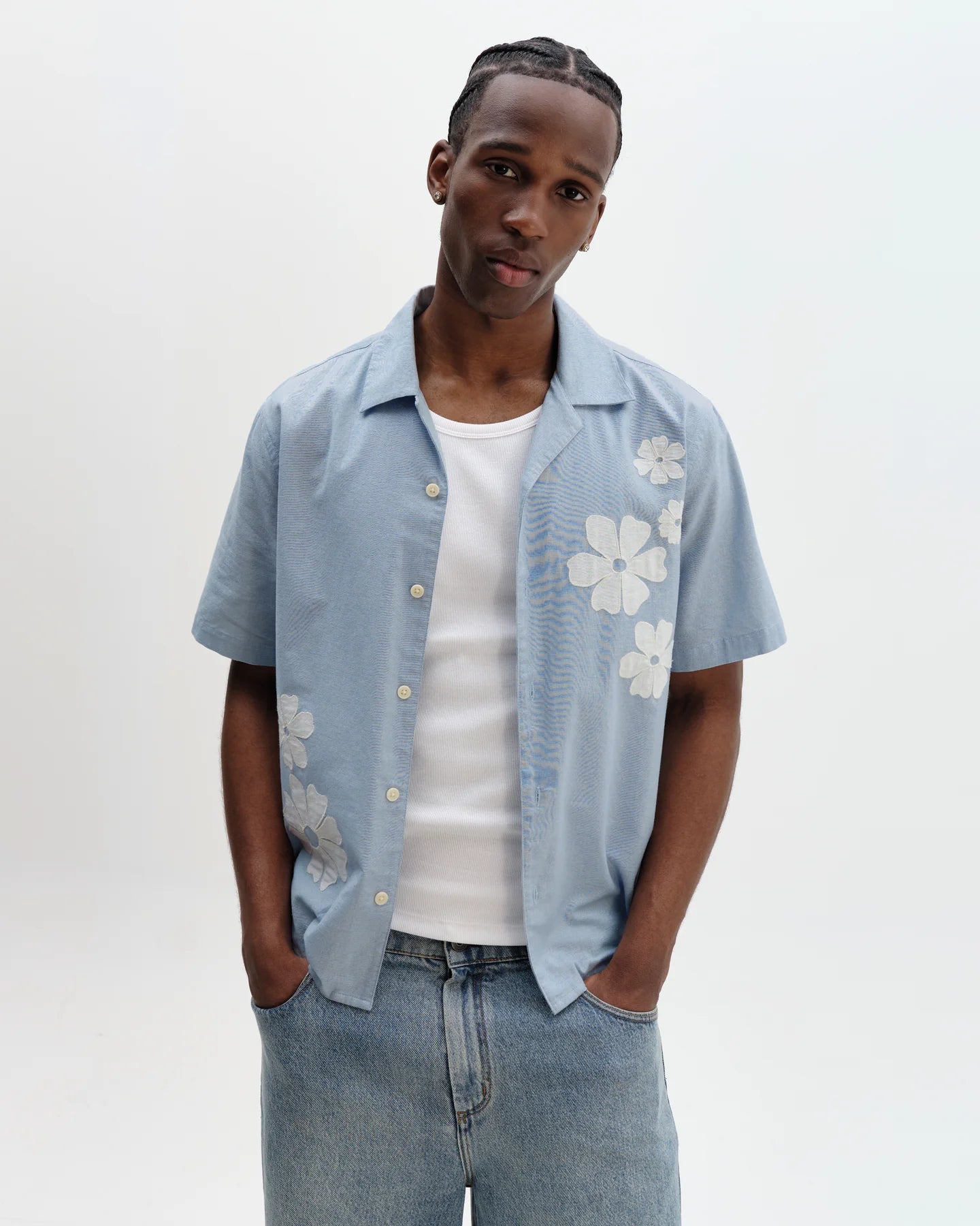 WAX London, Didcot Floral Applique Short-Sleeve Shirt, Blue & Ecru