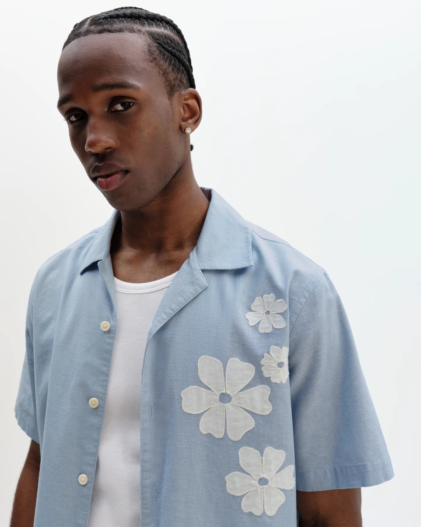 WAX London, Didcot Floral Applique Short-Sleeve Shirt, Blue & Ecru