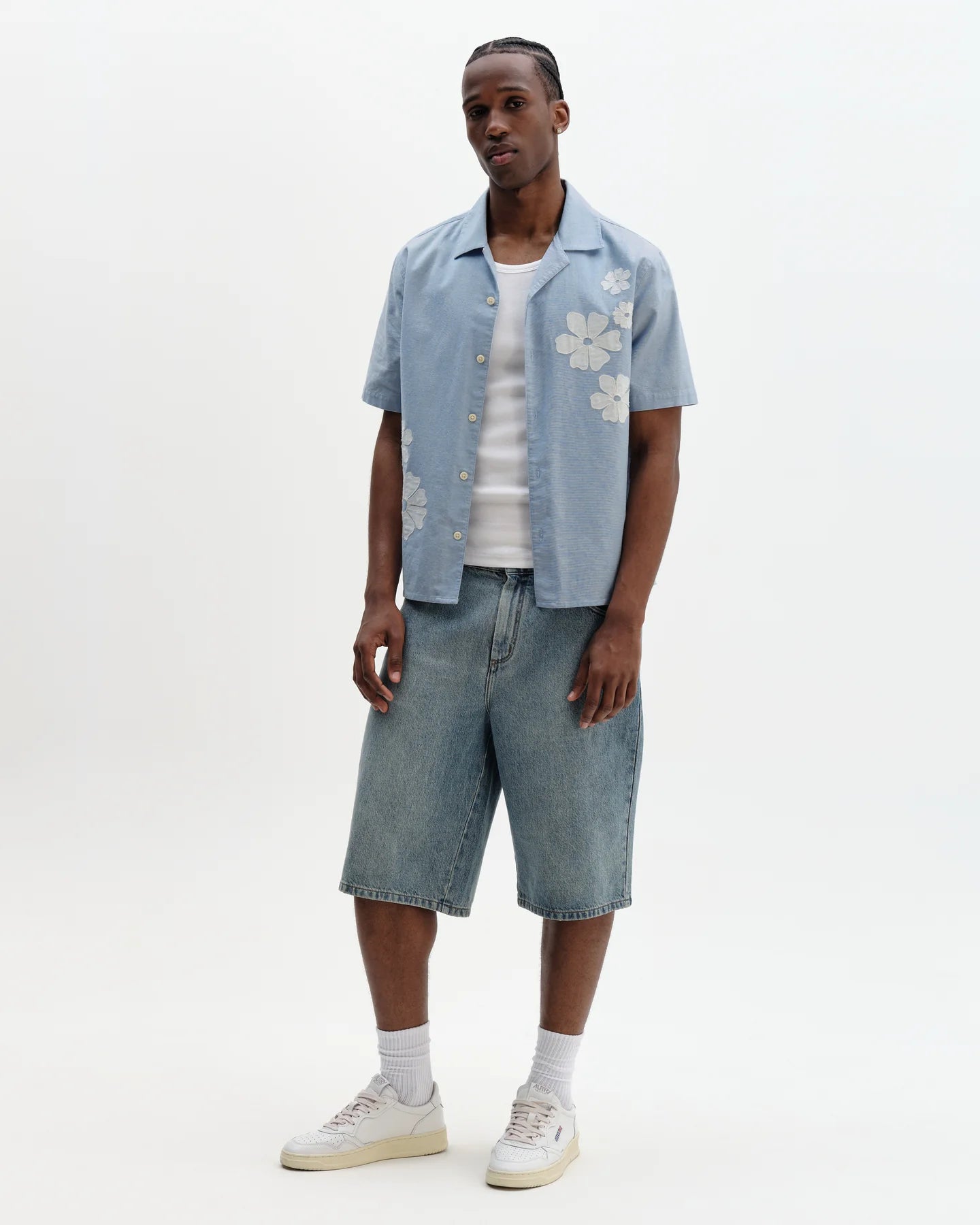 WAX London, Didcot Floral Applique Short-Sleeve Shirt, Blue & Ecru