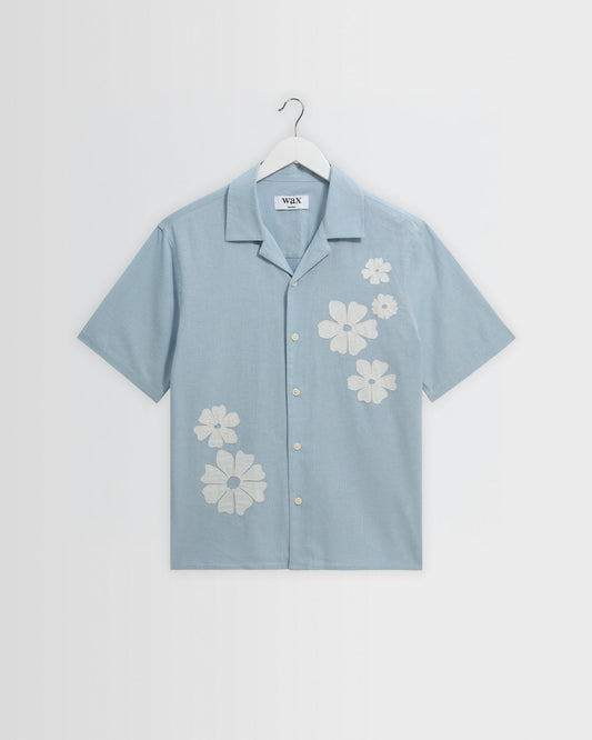 WAX London, Didcot Floral Applique Short-Sleeve Shirt, Blue & Ecru