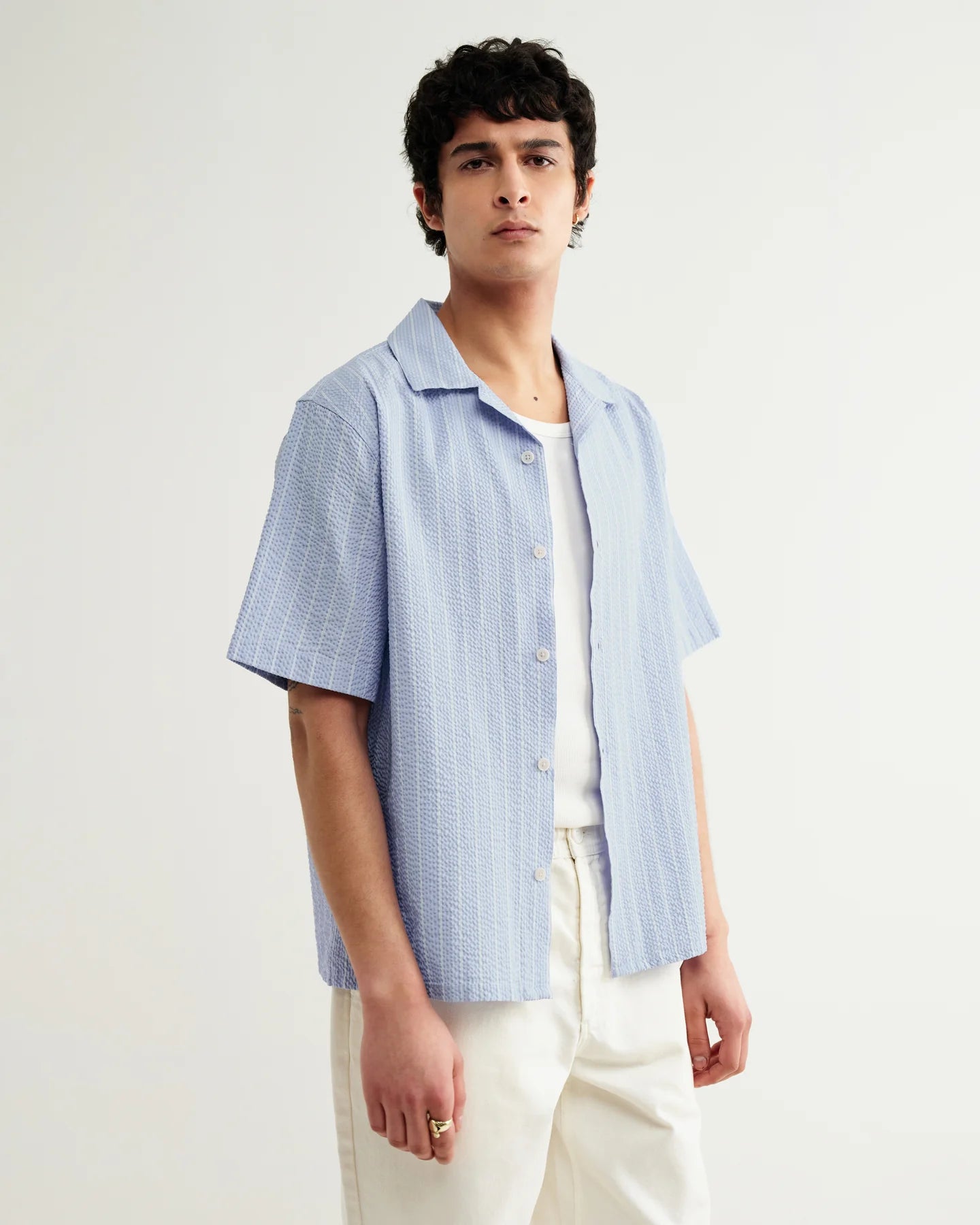 WAX London, Didcot Seersucker Stripe Short-Sleeve Shirt, Blue & Ecru
