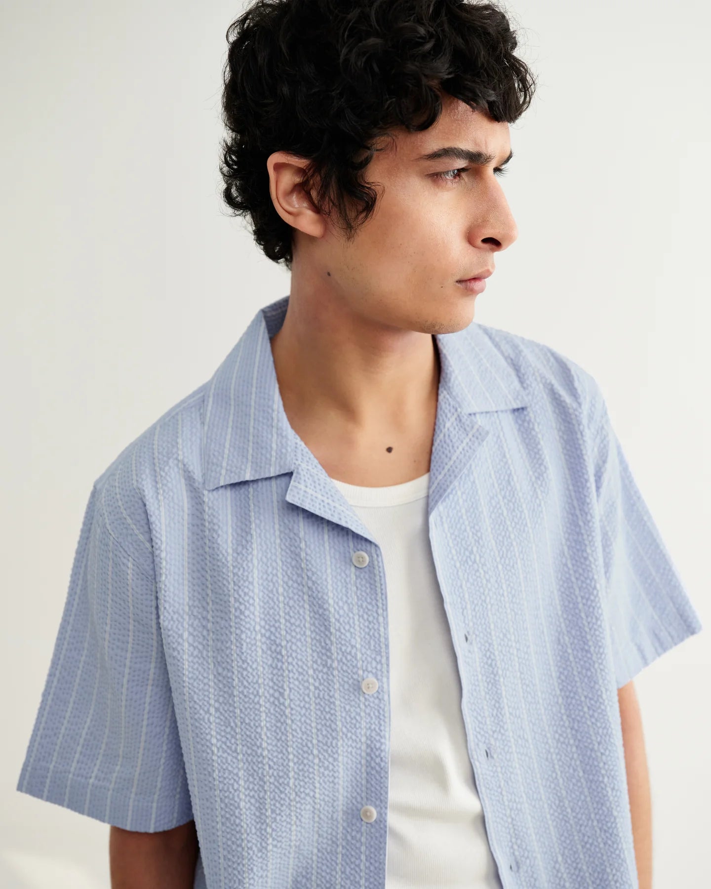 WAX London, Didcot Seersucker Stripe Short-Sleeve Shirt, Blue & Ecru