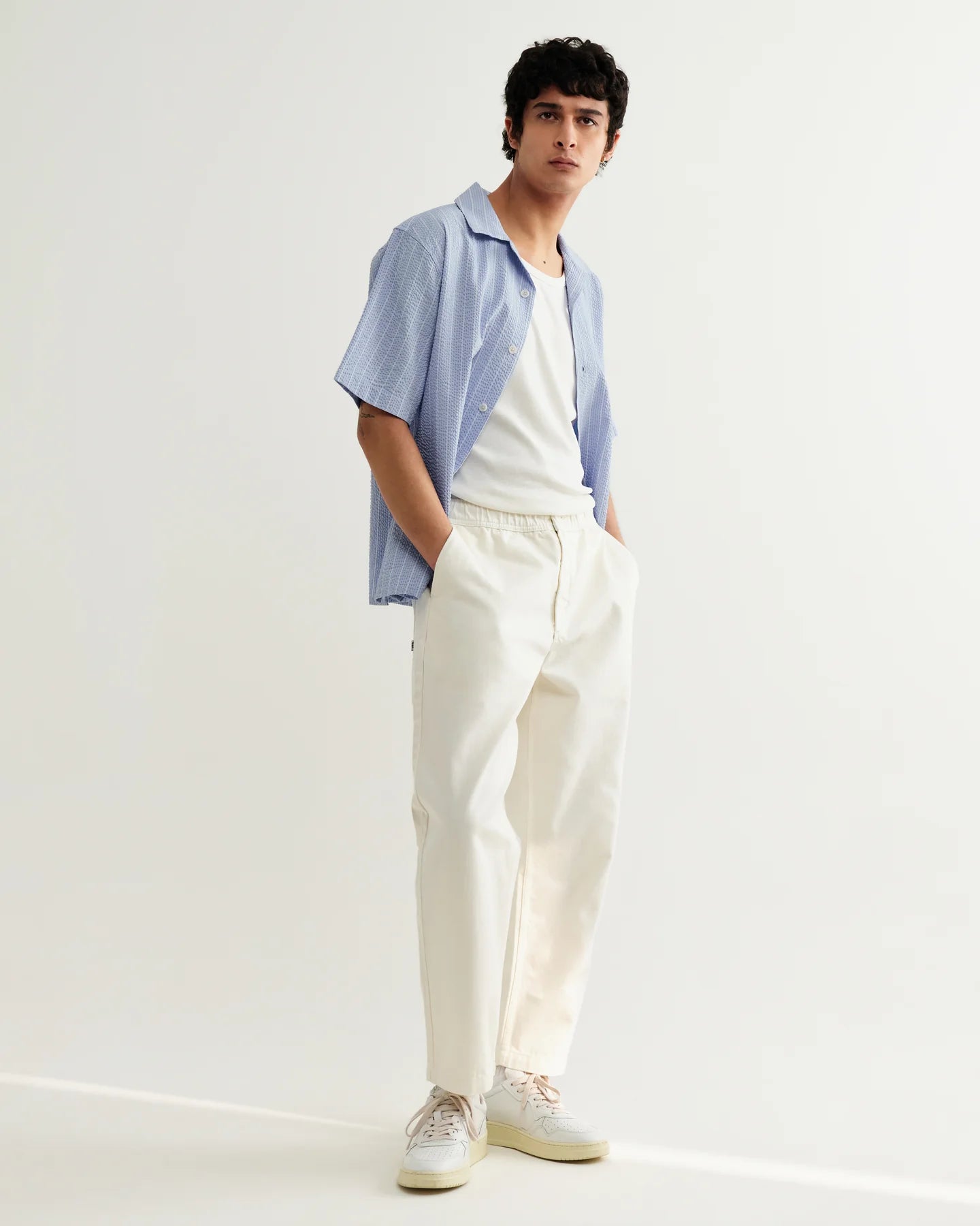 WAX London, Didcot Seersucker Stripe Short-Sleeve Shirt, Blue & Ecru