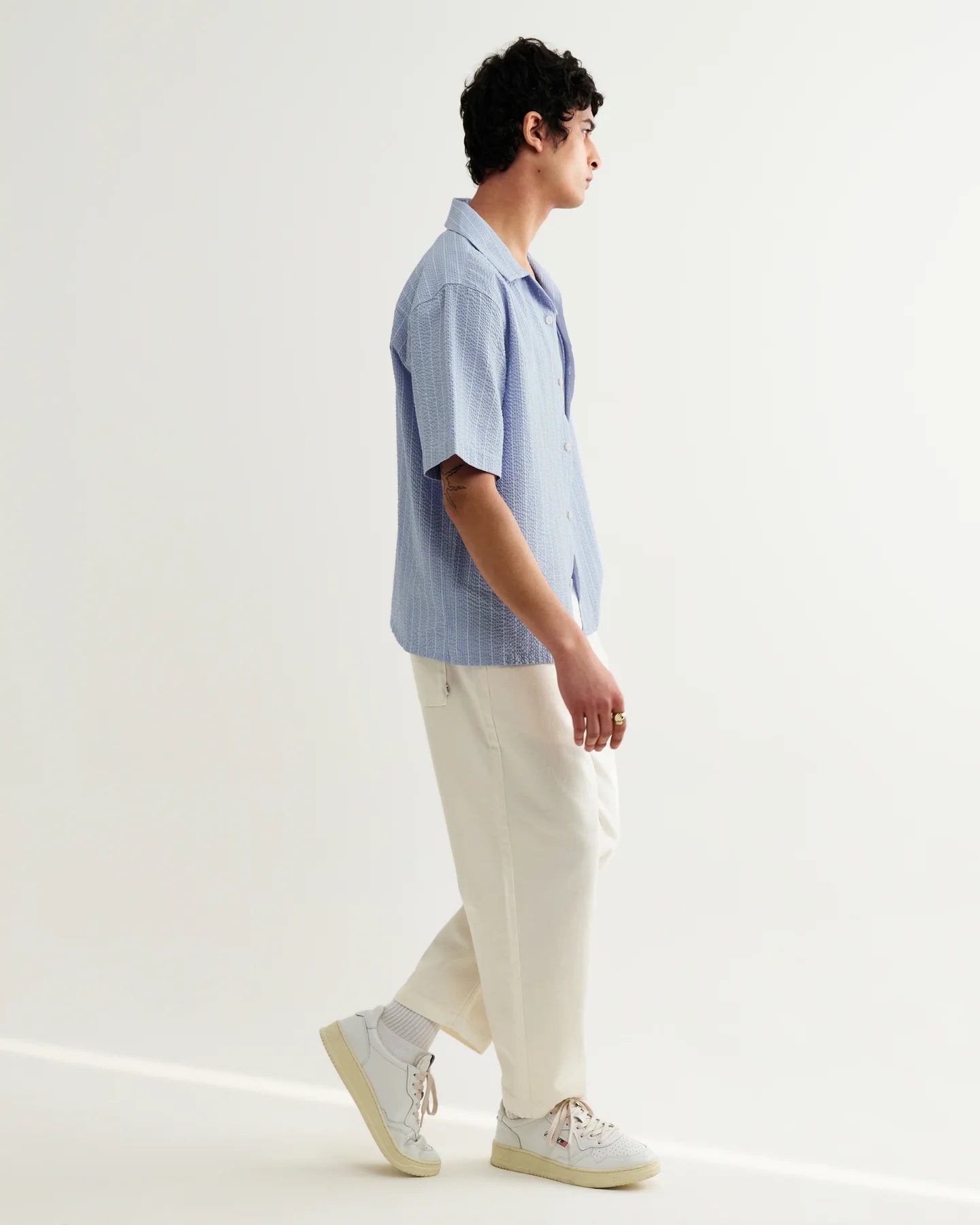 WAX London, Didcot Seersucker Stripe Short-Sleeve Shirt, Blue & Ecru