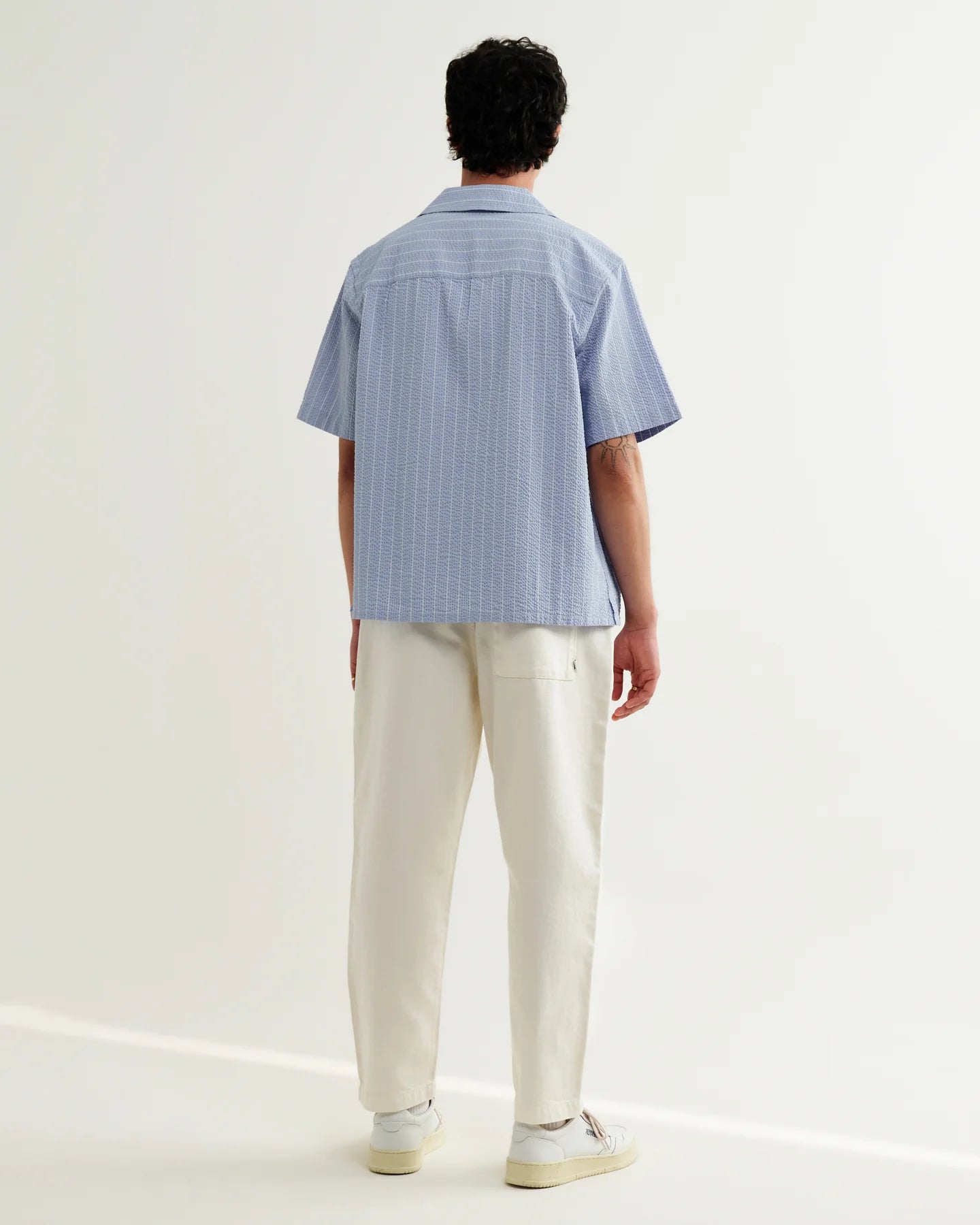 WAX London, Didcot Seersucker Stripe Short-Sleeve Shirt, Blue & Ecru