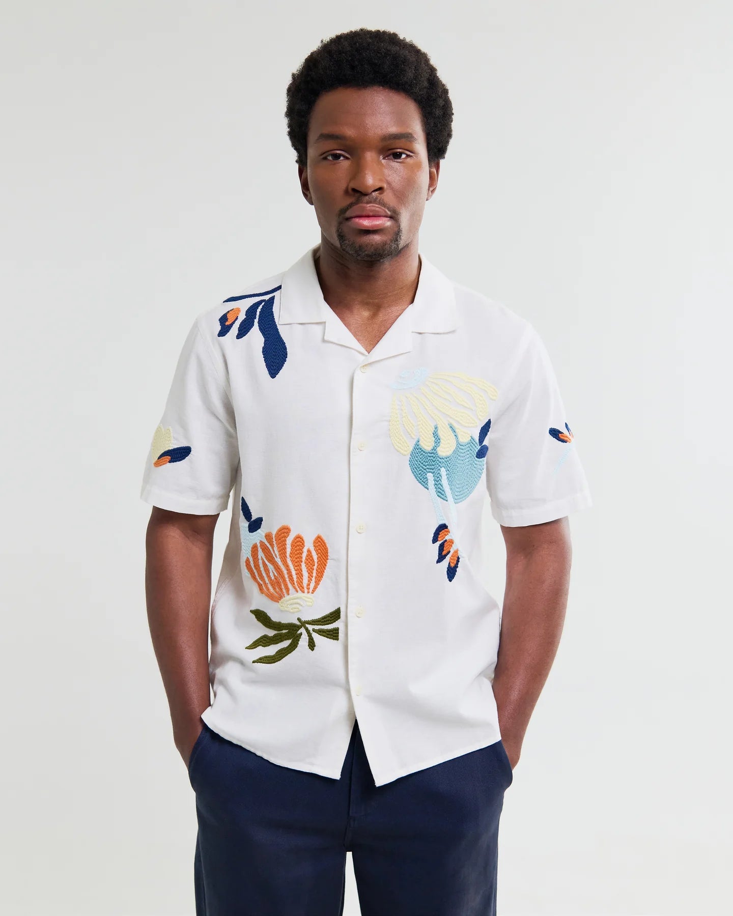 WAX London, Didcot Flower Embroidered Short-Sleeve Shirt, Ecru & Multicolour
