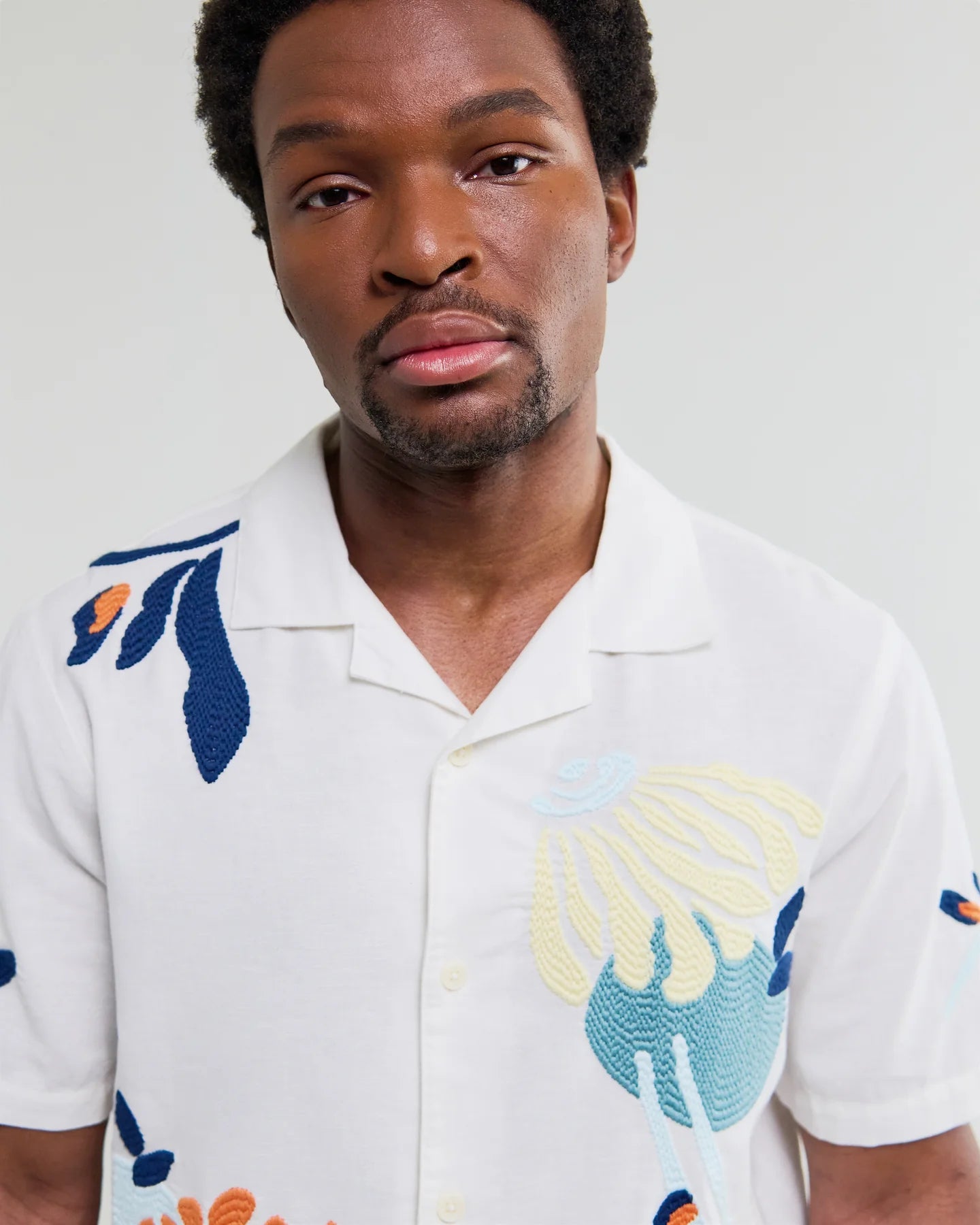WAX London, Didcot Flower Embroidered Short-Sleeve Shirt, Ecru & Multicolour