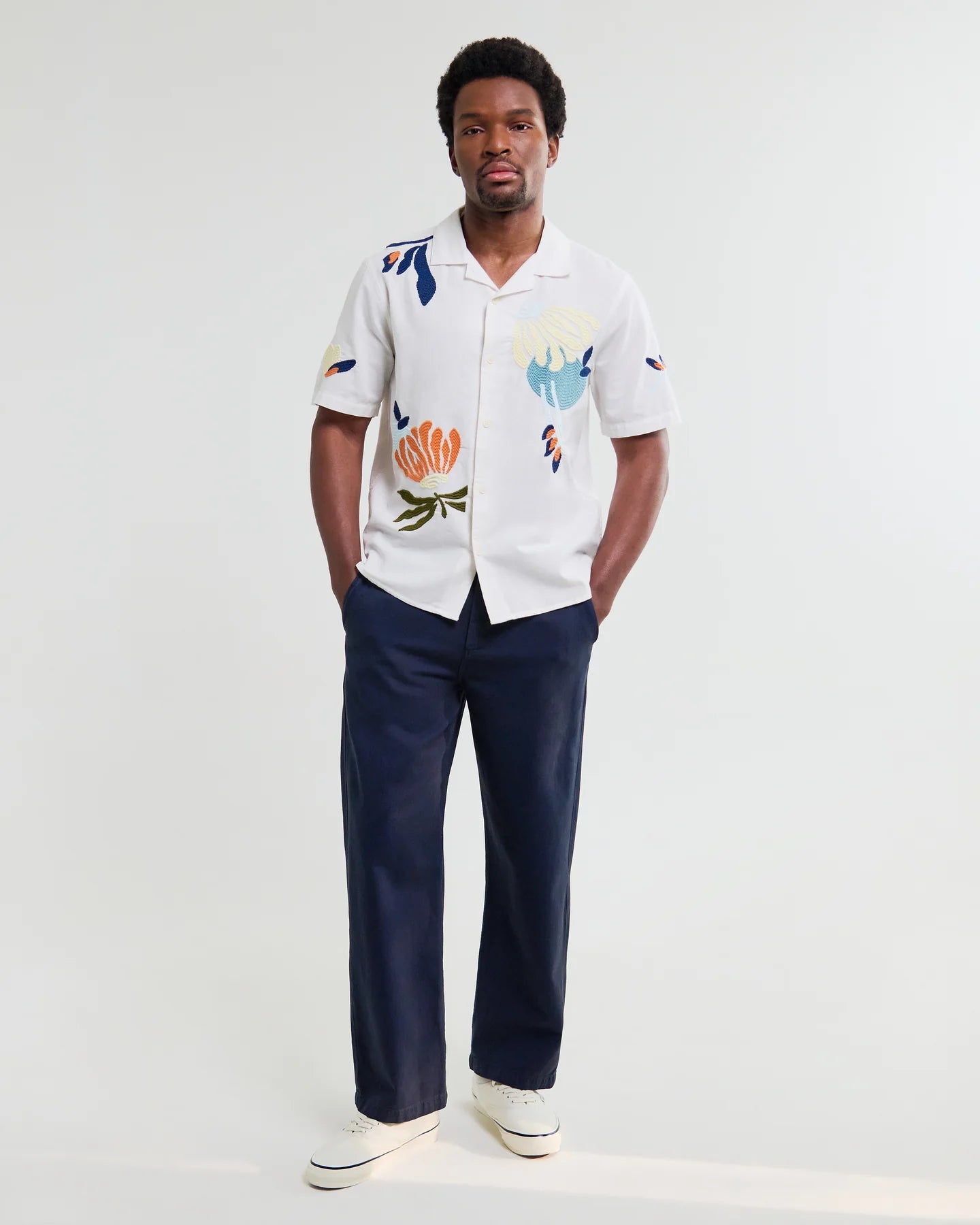 WAX London, Didcot Flower Embroidered Short-Sleeve Shirt, Ecru & Multicolour