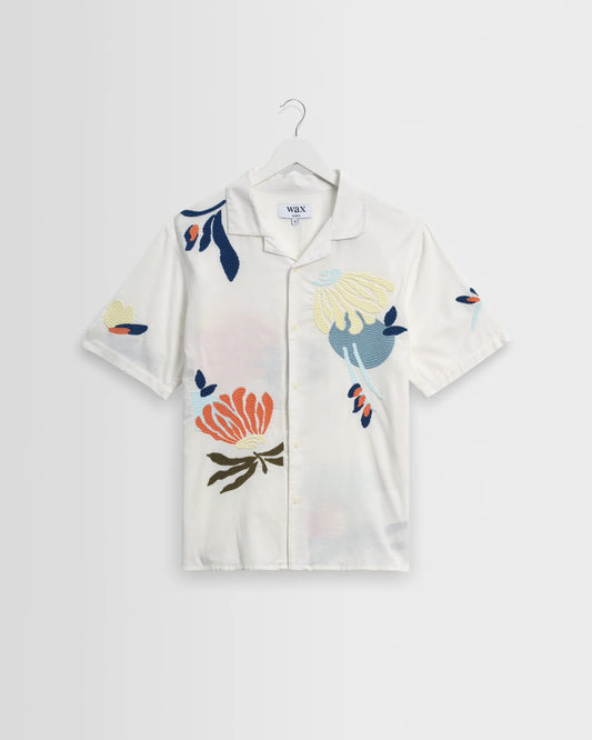 WAX London, Didcot Flower Embroidered Short-Sleeve Shirt, Ecru & Multicolour
