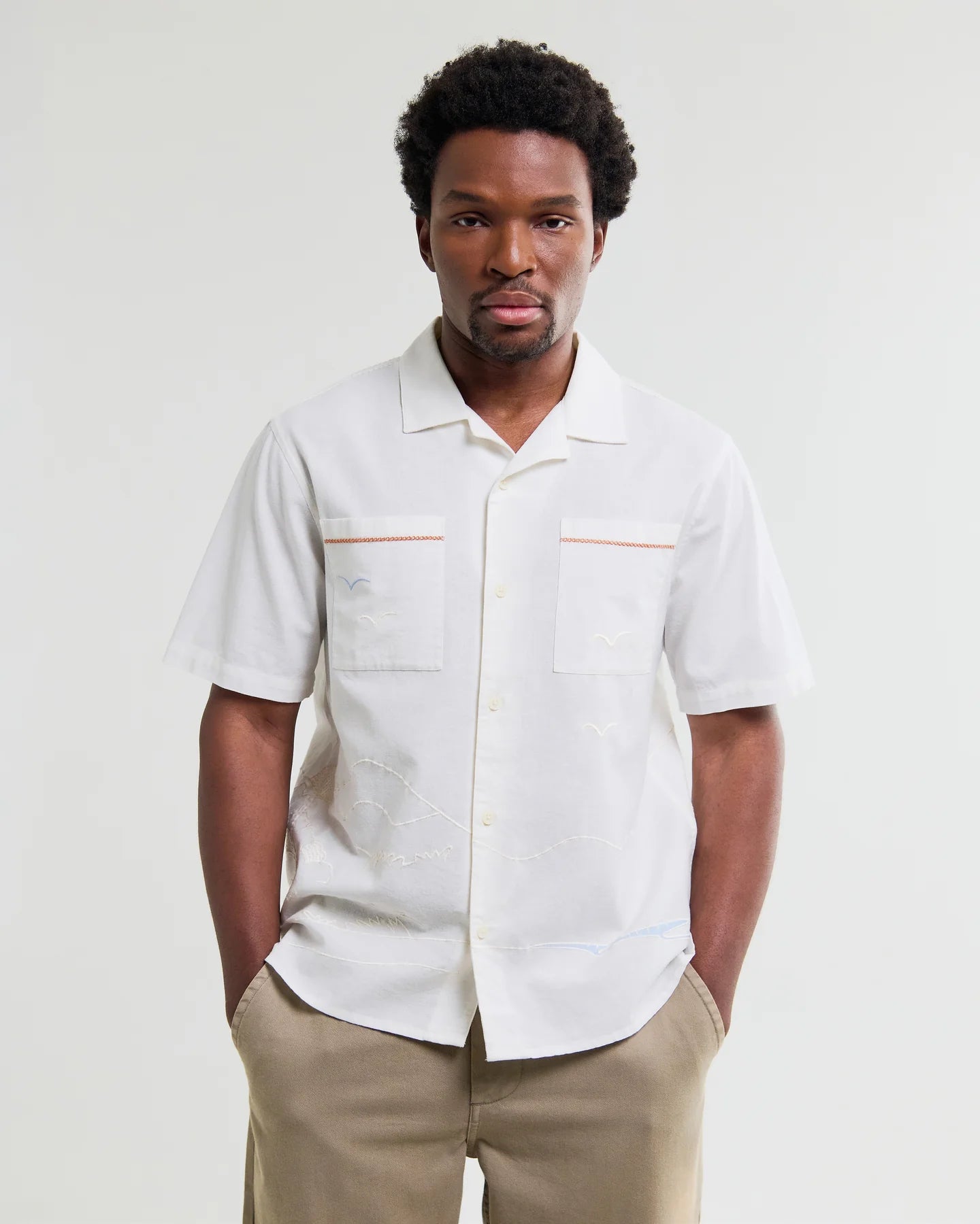 WAX London, Didcot Summer Applique Short-Sleeve Shirt, Ecru