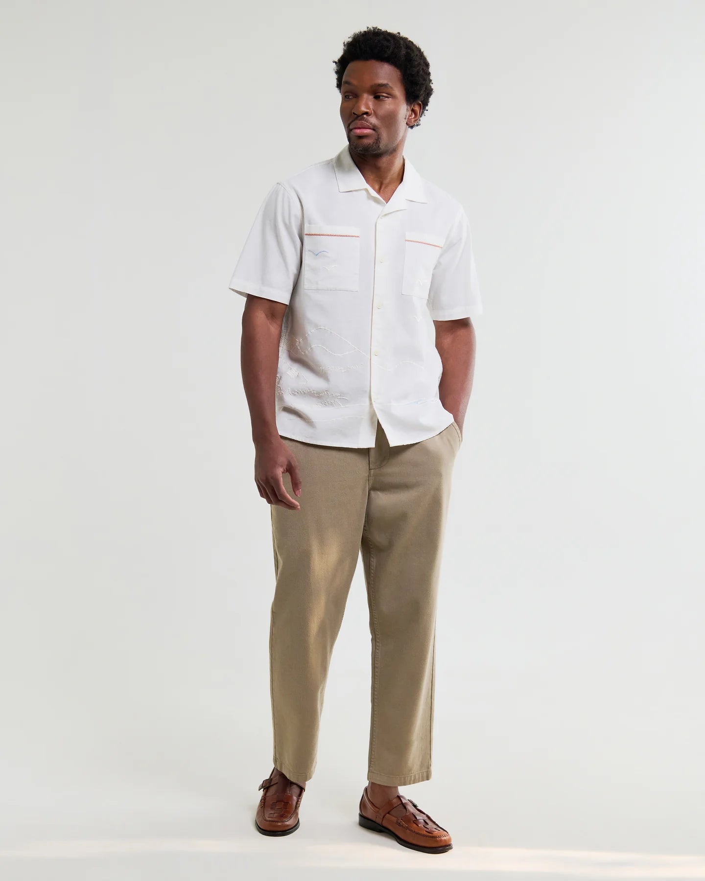 WAX London, Didcot Summer Applique Short-Sleeve Shirt, Ecru