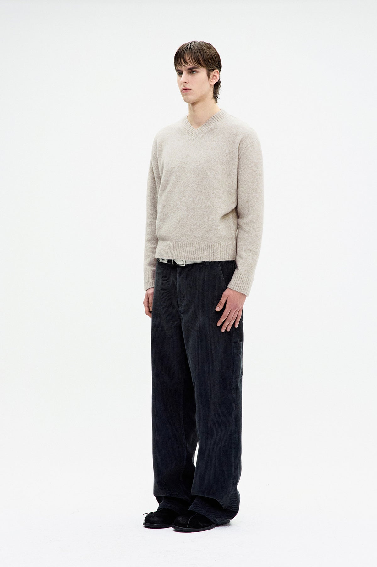 COOR,  Wool blend hairy v-neck sweater, Ivory