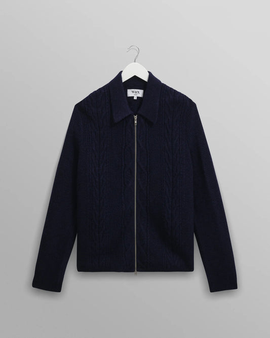 WAX London, Friar Brush Cable Knit Zip Cardigan, Navy