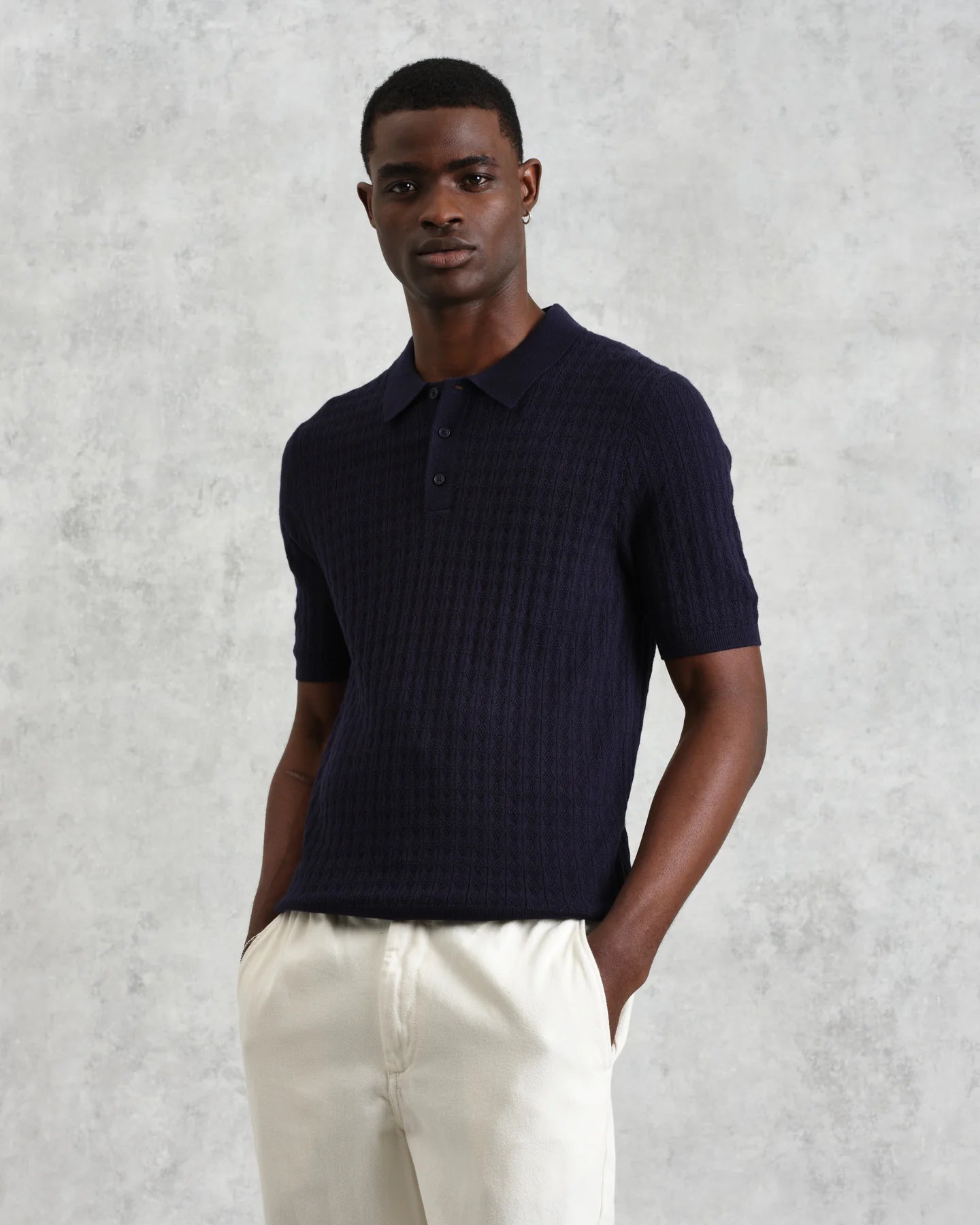 WAX London, Naples Stripe Knitted Polo, Navy
