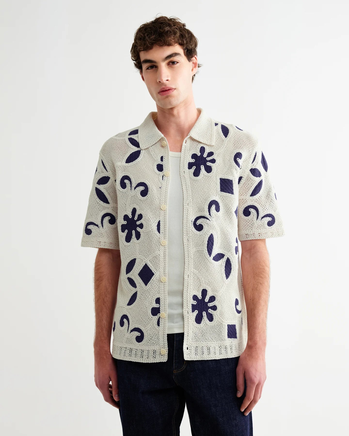 WAX London, Porto Doodle Crochet Knitted Shirt, Ecru & Navy