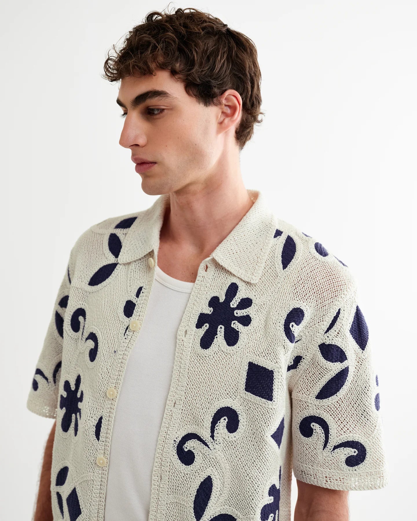 WAX London, Porto Doodle Crochet Knitted Shirt, Ecru & Navy