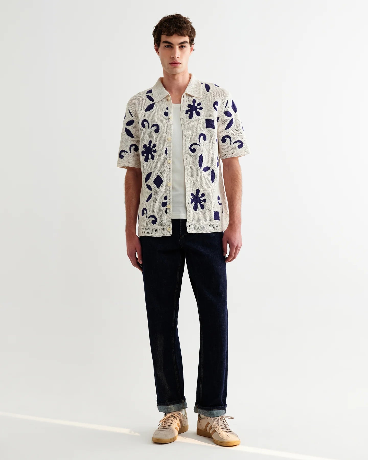 WAX London, Porto Doodle Crochet Knitted Shirt, Ecru & Navy