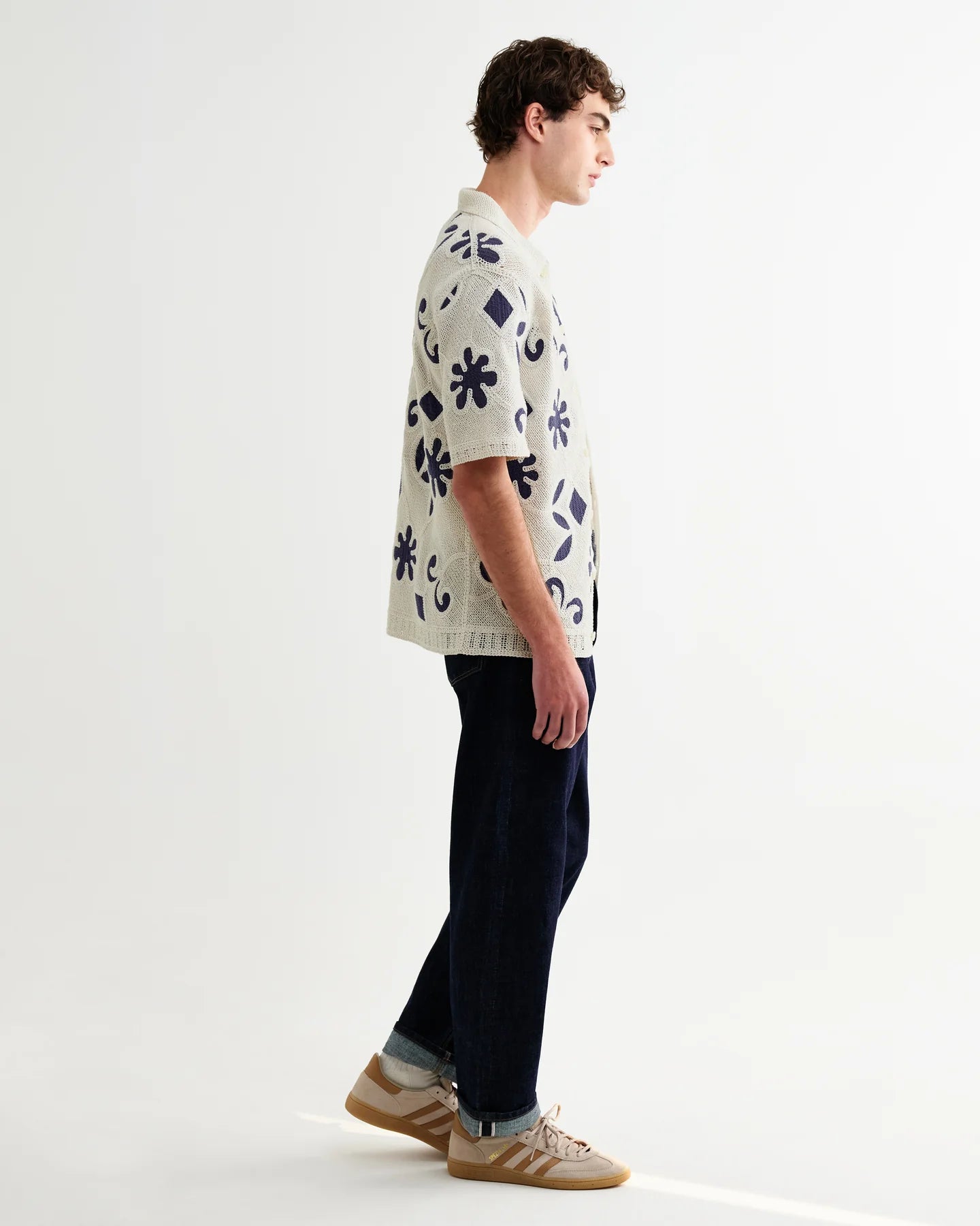 WAX London, Porto Doodle Crochet Knitted Shirt, Ecru & Navy