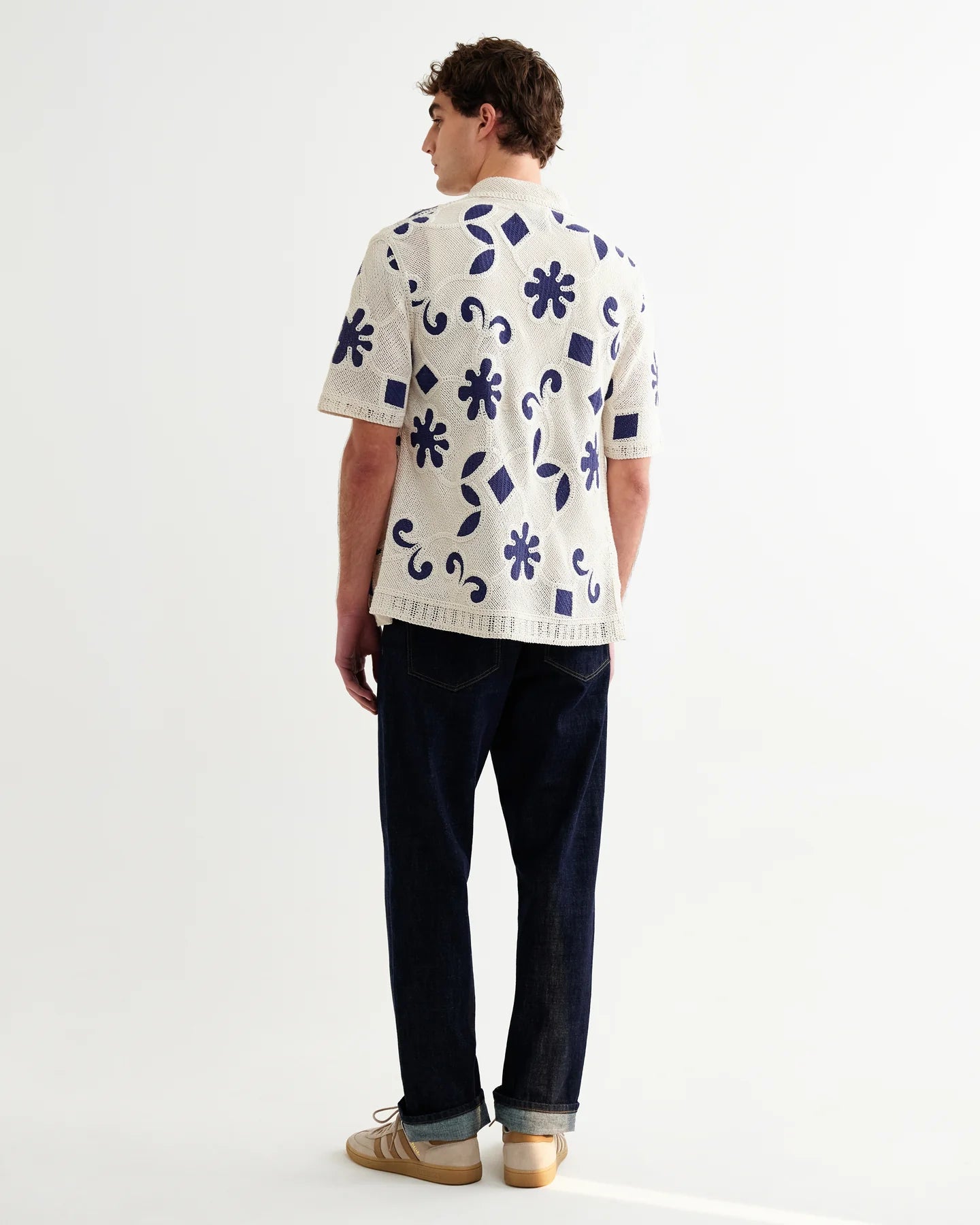 WAX London, Porto Doodle Crochet Knitted Shirt, Ecru & Navy