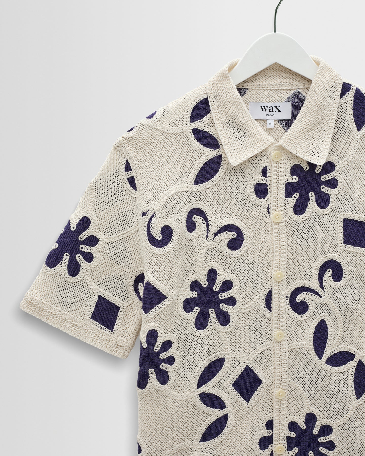 WAX London, Porto Doodle Crochet Knitted Shirt, Ecru & Navy
