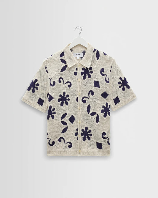WAX London, Porto Doodle Crochet Knitted Shirt, Ecru & Navy
